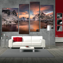 Load image into Gallery viewer, mountain city wall art reinevagen mountains orange sunset canvas print grey lofoten norway 4 piece multi canvas for your Living Room
