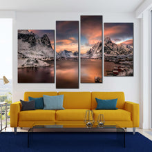 Load image into Gallery viewer, mountain city wall art reinevagen mountains orange sunset canvas print grey lofoten norway 4 piece multi canvas In Living room
