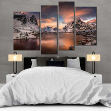 Load image into Gallery viewer, mountain city wall art reinevagen mountains orange sunset canvas print grey lofoten norway 4 piece multi canvas for your Bedroom
