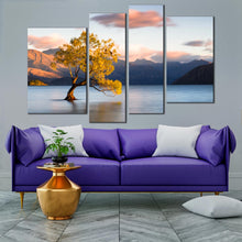 Load image into Gallery viewer, mountain lake canvas print yellow alone tree at dawn multi canvas blue wanaka new zealand 4 piece wall art for living room
