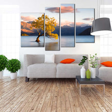 Load image into Gallery viewer, mountain lake canvas print yellow alone tree at dawn multi canvas blue wanaka new zealand 4 piece wall art for your living room 
