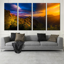 Load image into Gallery viewer, mountains scenery canvas wall art blue orange sky 4 piece canvas print In Living Room
