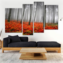 Load image into Gallery viewer, mystic sunlit forest canvas print contemporary charcoal sunlight through the rain 4 piece canvas wall art for your Living Room
