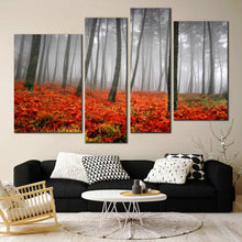 Load image into Gallery viewer, mystic sunlit forest canvas print contemporary charcoal sunlight through the rain 4 piece canvas wall art In Living RFoom
