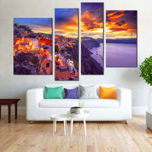 Load image into Gallery viewer, mystic sunset retreat 4 piece canvas of dramatic clouds over santorini island with yellow oia sky wall art for your Living Room
