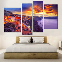 Load image into Gallery viewer, mystic sunset retreat 4 piece canvas of dramatic clouds over santorini island with yellow oia sky wall art for your Bedroom
