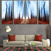 Load image into Gallery viewer, mystical elegance canvas print white fog mystic forest trees 4 piece canvas wall art for your Living Room
