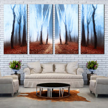 Load image into Gallery viewer, mystical elegance canvas print white fog mystic forest trees 4 piece canvas wall art In Living room
