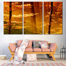 Load image into Gallery viewer, mystical forest panorama wall art tranquil autumn landscape with golden trees and amber fields canvas print In Living Room
