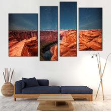 Load image into Gallery viewer, nighttime desert tranquility canvas wall art orange grand canyon and blue sky stars 4 piece canvas print 
