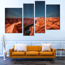 Load image into Gallery viewer, nighttime desert tranquility canvas wall art orange grand canyon and blue sky stars 4 piece canvas print for Living room
