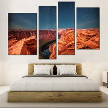 Load image into Gallery viewer, nighttime desert tranquility canvas wall art orange grand canyon and blue sky stars 4 piece canvas print In Bedroom
