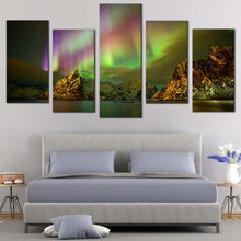 Load image into Gallery viewer, northern lights canvas print green   purple norway aurora5 piece mountain wall art for Bedroom
