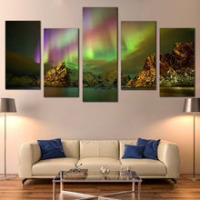 Load image into Gallery viewer, northern lights canvas print green   purple norway aurora5 piece mountain wall art for Living Room
