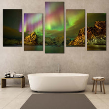 Load image into Gallery viewer, northern lights canvas print green   purple norway aurora5 piece mountain wall art In Bathroom
