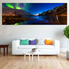 Load image into Gallery viewer, norway  aurora  canvas  wall  art  ersfjord  toms  polar  lights  dramatic  green  blue  sky  1  piece  lake  print In Living Room
