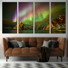 Load image into Gallery viewer, norway aurora wall art northern purple lights   green aurora4 piece mountain canvas print In Living room
