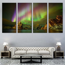 Load image into Gallery viewer, norway aurora wall art northern purple lights   green aurora4 piece mountain canvas print for your Living Room
