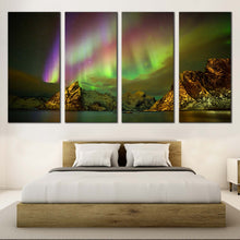 Load image into Gallery viewer, norway aurora wall art northern purple lights   green aurora4 piece mountain canvas print for your Bedroom
