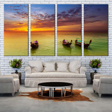 Load image into Gallery viewer, ocean odyssey wall art green thailand seascape sailboats multi canvas artwork orange sky 4 piece canvas print for Living room
