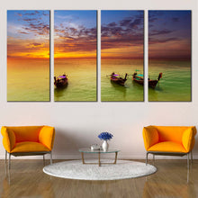 Load image into Gallery viewer, ocean odyssey wall art green thailand seascape sailboats multi canvas artwork orange sky 4 piece canvas print In Living room
