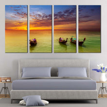 Load image into Gallery viewer, ocean odyssey wall art green thailand seascape sailboats multi canvas artwork orange sky 4 piece canvas print for your Bedroom
