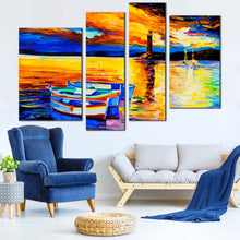 Load image into Gallery viewer, ocean serenity wall art blue boat ship seascape canvas print yellow orange ocean mountains 4 piece canvas In Living Room
