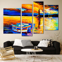 Load image into Gallery viewer, ocean serenity wall art blue boat ship seascape canvas print yellow orange ocean mountains 4 piece canvas For Your Living Room
