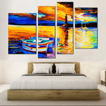 Load image into Gallery viewer, ocean serenity wall art blue boat ship seascape canvas print yellow orange ocean mountains 4 piece canvas for Bedroom
