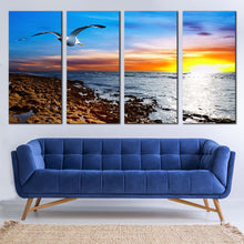 Load image into Gallery viewer, oceanic elegance bird s flight in blue sky canvas wall art cloudy orange yellow sunset 4 piece canvas print for Living room
