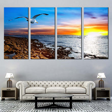 Load image into Gallery viewer, oceanic elegance bird s flight in blue sky canvas wall art cloudy orange yellow sunset 4 piece canvas print In Living Room
