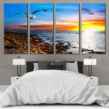 Load image into Gallery viewer, oceanic elegance bird s flight in blue sky canvas wall art cloudy orange yellow sunset 4 piece canvas print for Bedroom
