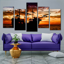 Load image into Gallery viewer, oceanic sunset canvas print dramatic black boat ship 5 piece multi canvas orange sea sky wall art for Your Living Room
