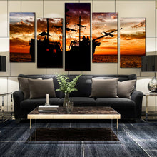 Load image into Gallery viewer, oceanic sunset canvas print dramatic black boat ship 5 piece multi canvas orange sea sky wall art In Living Room
