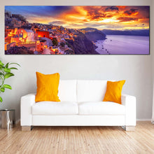 Load image into Gallery viewer, oia  s  purple  dawn  panoramic  canvas  of  greece  houses  by  the  aegean  sea  with  dramatic  yellow  clouds  wall  art  for Living Room
