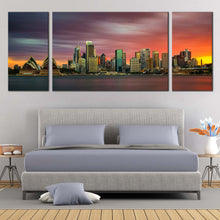 Load image into Gallery viewer, opera house serenade canvas print orange sunset city skyline multi canvas artwork sydney green cityscape wall art for Bedroom
