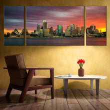 Load image into Gallery viewer, opera house serenade canvas print orange sunset city skyline multi canvas artwork sydney green cityscape wall art In Living Room
