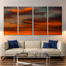 Load image into Gallery viewer, orange sky abstract canvas print 4 piece sunset wall art with red cloud accents for Living room
