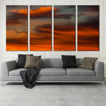 Load image into Gallery viewer, orange sky abstract canvas print 4 piece sunset wall art with red cloud accents In Living room
