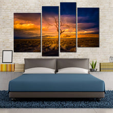 Load image into Gallery viewer, orange sunset canvas print alone tree at sunset desert 4 piece multiple canvas pyramid nevada wall art for your in bedroom
