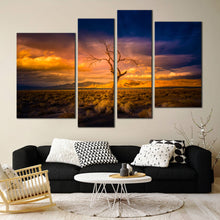 Load image into Gallery viewer, orange sunset canvas print alone tree at sunset desert 4 piece multiple canvas yellow pyramid nevada wall art for living room
