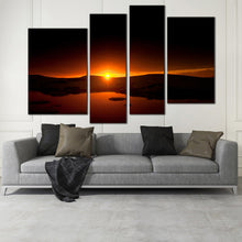 Load image into Gallery viewer, orange sunset canvas print black ocean mountain snow 4 piece collection canvas wall art In Living Room
