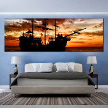 Load image into Gallery viewer, orange  sunset  pirate  ship  canvas  print  dramatic  black  boat  ship  panoramic  canvas  wall  art  for  bedroom
