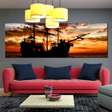 Load image into Gallery viewer, orange  sunset  pirate  ship  canvas  print  dramatic  black  boat  ship  panoramic  canvas  wall  art  for Living Room
