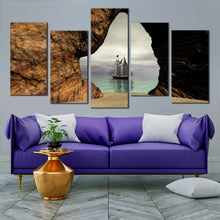 Load image into Gallery viewer, pirate adventure canvas print sea foggy grey sky 5 piece canvas set beach sand landscape wall art In Living Room
