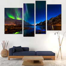 Load image into Gallery viewer, polar lights canvas wall art dramatic blue sky   sea shore green norway aurora 4 piece print for Living Room
