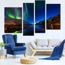 Load image into Gallery viewer, polar lights canvas wall art dramatic blue sky   sea shore green norway aurora 4 piece print In Living room
