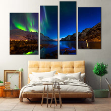 Load image into Gallery viewer, polar lights canvas wall art dramatic blue sky   sea shore green norway aurora 4 piece print for your Bedroom
