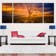 Load image into Gallery viewer, pyramid nevada alone tree canvas wall art orange yellow sunset desert sky 3 piece canvas print for Living Room
