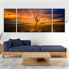 Load image into Gallery viewer, pyramid nevada alone tree canvas wall art orange yellow sunset desert sky 3 piece canvas print In Living Room
